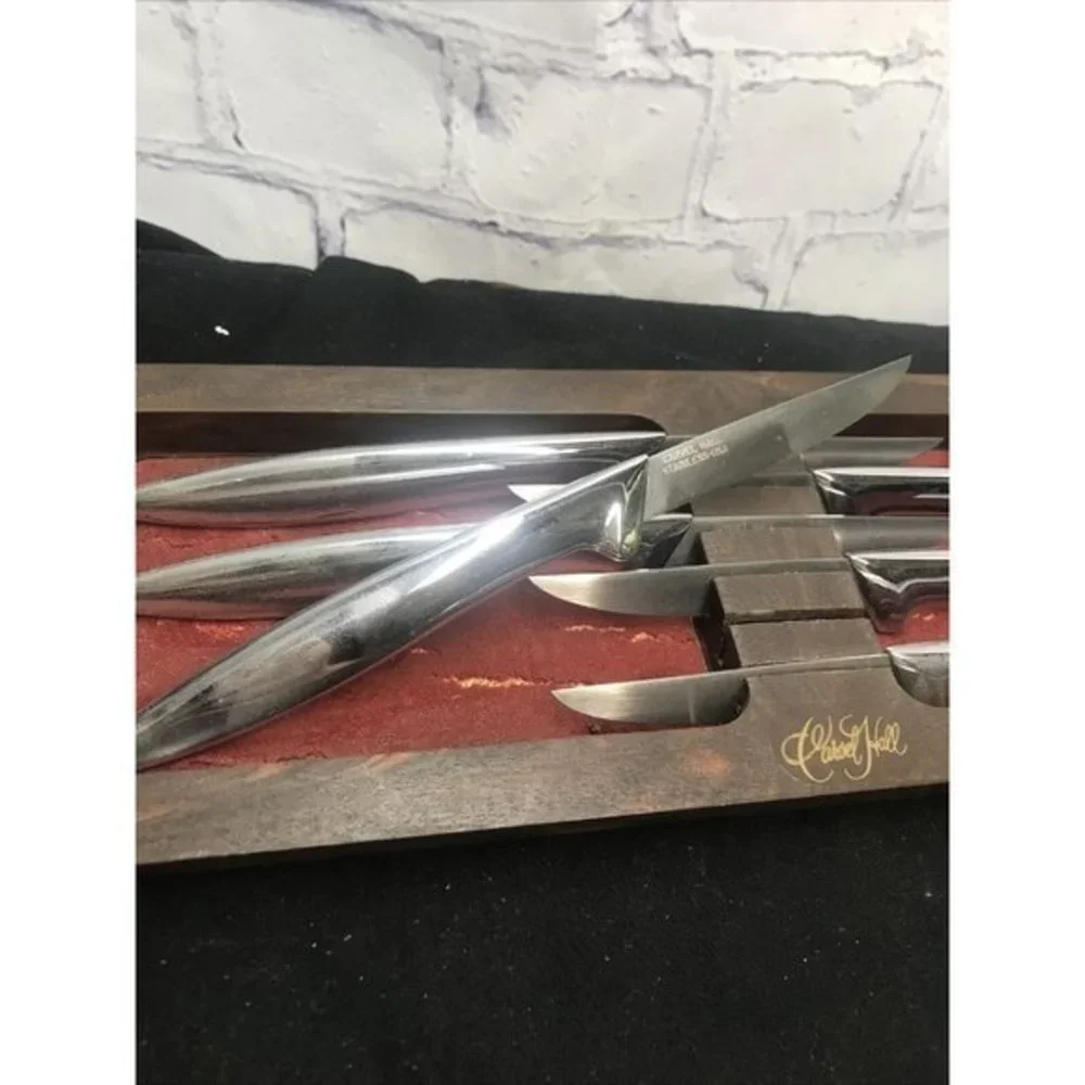 Vintage 6 Carvel Hall Steak Knife Knives Set Mid Century w Holder Marked